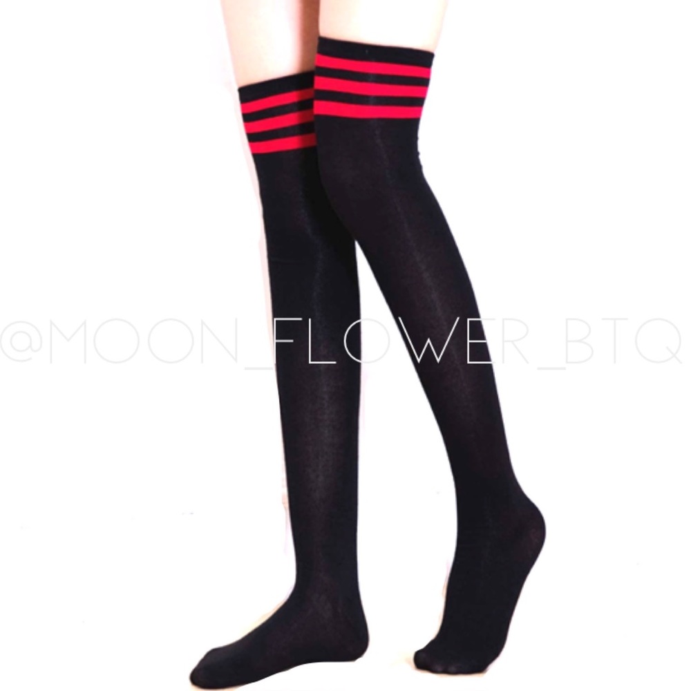 ❤️SOLD❤️Black Red Stripe Over the Knee Thigh High Socks - Picture 7 of 7